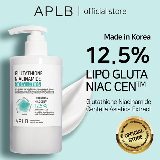 APLB body lotion with 12.5% Lipo Gluta Niac Cen on a light blue background