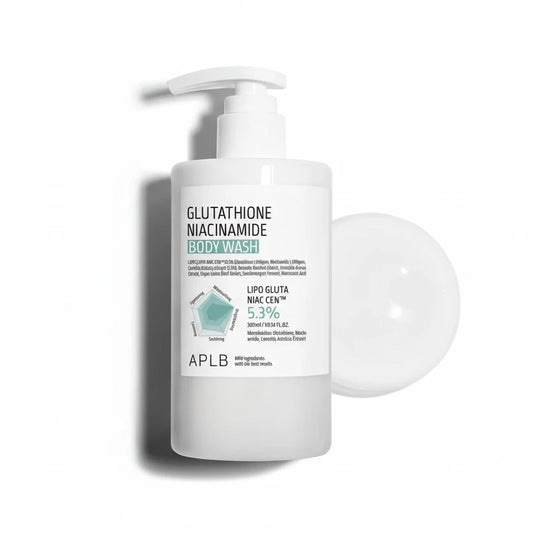 White body wash bottle with pump labeled 'Glutathione Niacinamide' on a white background