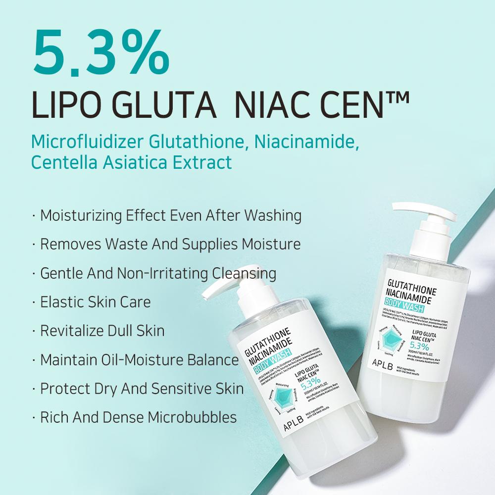 Two bottles of APLB Glutathione Niacinamide cleanser with product details on a light blue background.