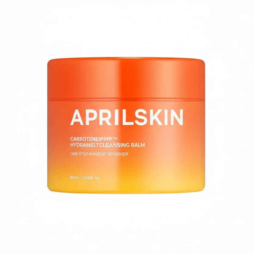 Orange and yellow jar of APRILSKIN cleansing balm on a white background