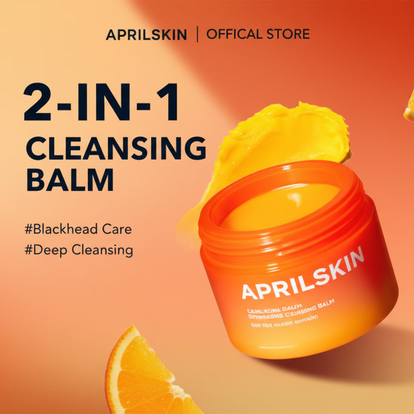 APRILSKIN 2-in-1 cleansing balm container on a gradient background