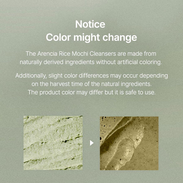 Text on a green background explaining color variations in Arencia Rice Mochi Cleansers.