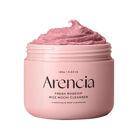 Pink jar of Arencia Fresh Rosehip Rice Mochi Cleanser on a white background