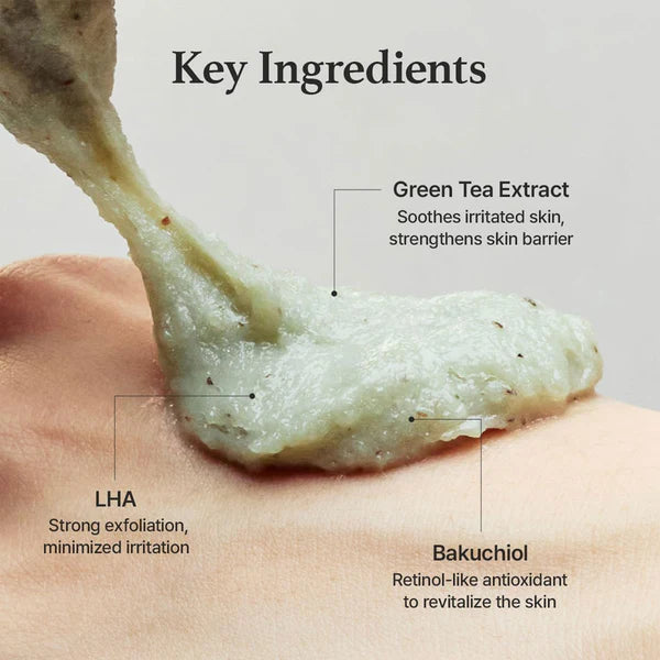 Skin with a scoop of skincare product labeled 'Key Ingredients' including Green Tea Extract, LHA, and Bakuchiol.