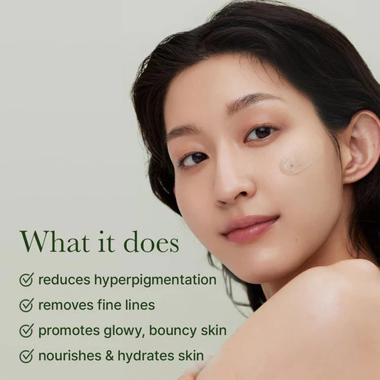 Woman with smooth skin on a light green background with text about skincare benefits.