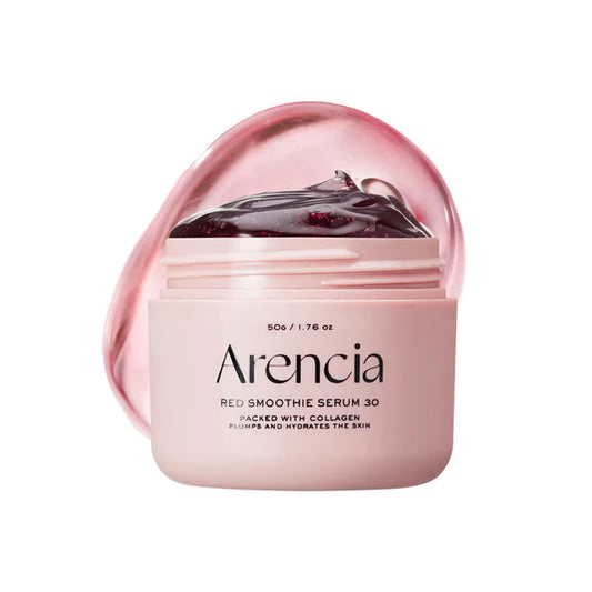 Pink jar of Arencia Red Smoothie Serum 30 on a white background