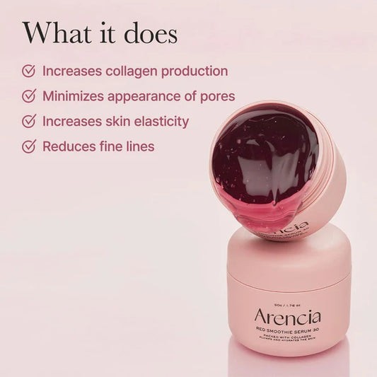 Pink skincare serum bottle with text highlighting its benefits on a light pink background