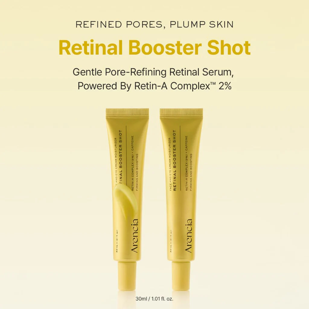 Two tubes of Arenicia Retinal Booster Shot on a beige background with product details.