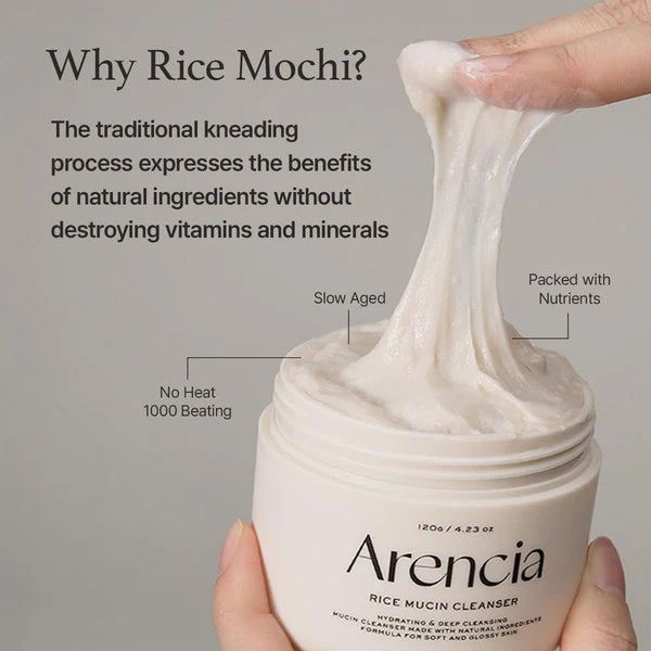 Arencia rice mucin cleanser with text explaining benefits