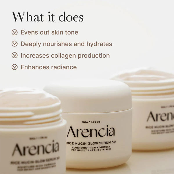 Arencia rice mucin glow serum jars with product benefits listed on a white background