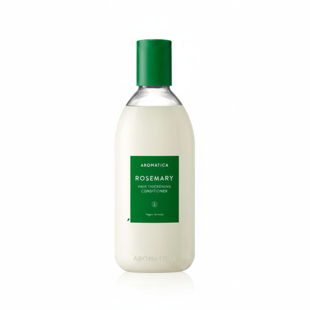 Bottle of Aromatica Rosemary hair thickening conditioner with green cap and label on a white background