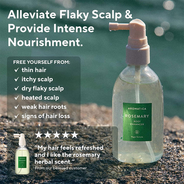 A bottle of AROMATICA Rosemary Root Enhancer spray with information about the product's benefits and customer reviews.