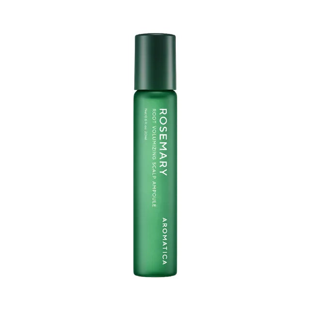 Green bottle of Aromatica Rosemary Scalp Ampoule on a white background