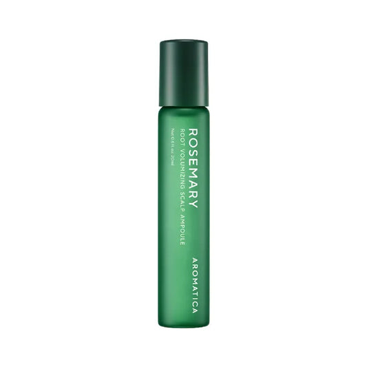 Green bottle of Aromatica Rosemary Scalp Ampoule on a white background