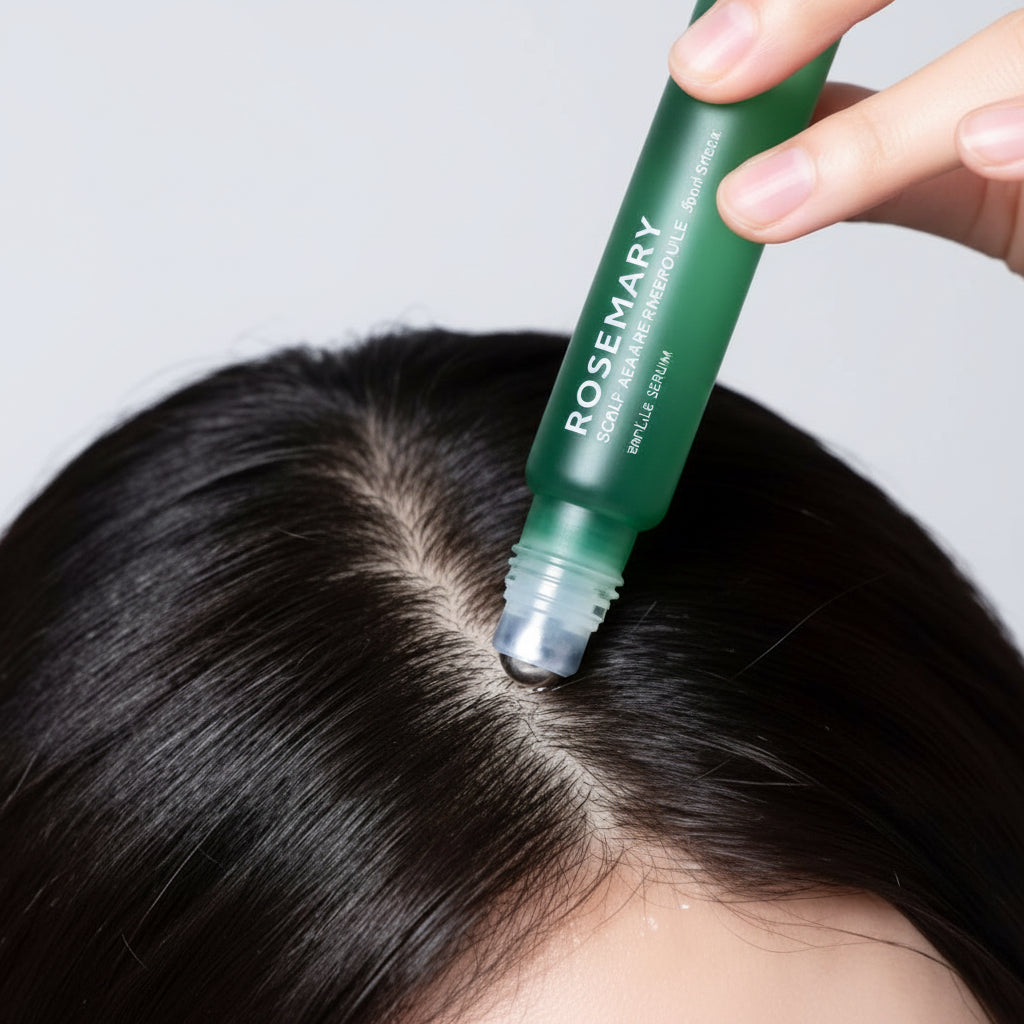 Person applying a green hair product labeled 'ROSEMARY' to their hair.