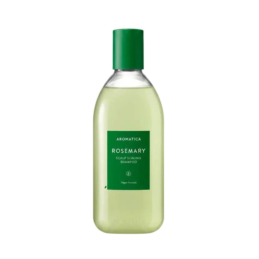 A bottle of AROMATICA Rosemary Scalp Scaling Shampoo with a green cap and label, containing a clear green liquid.