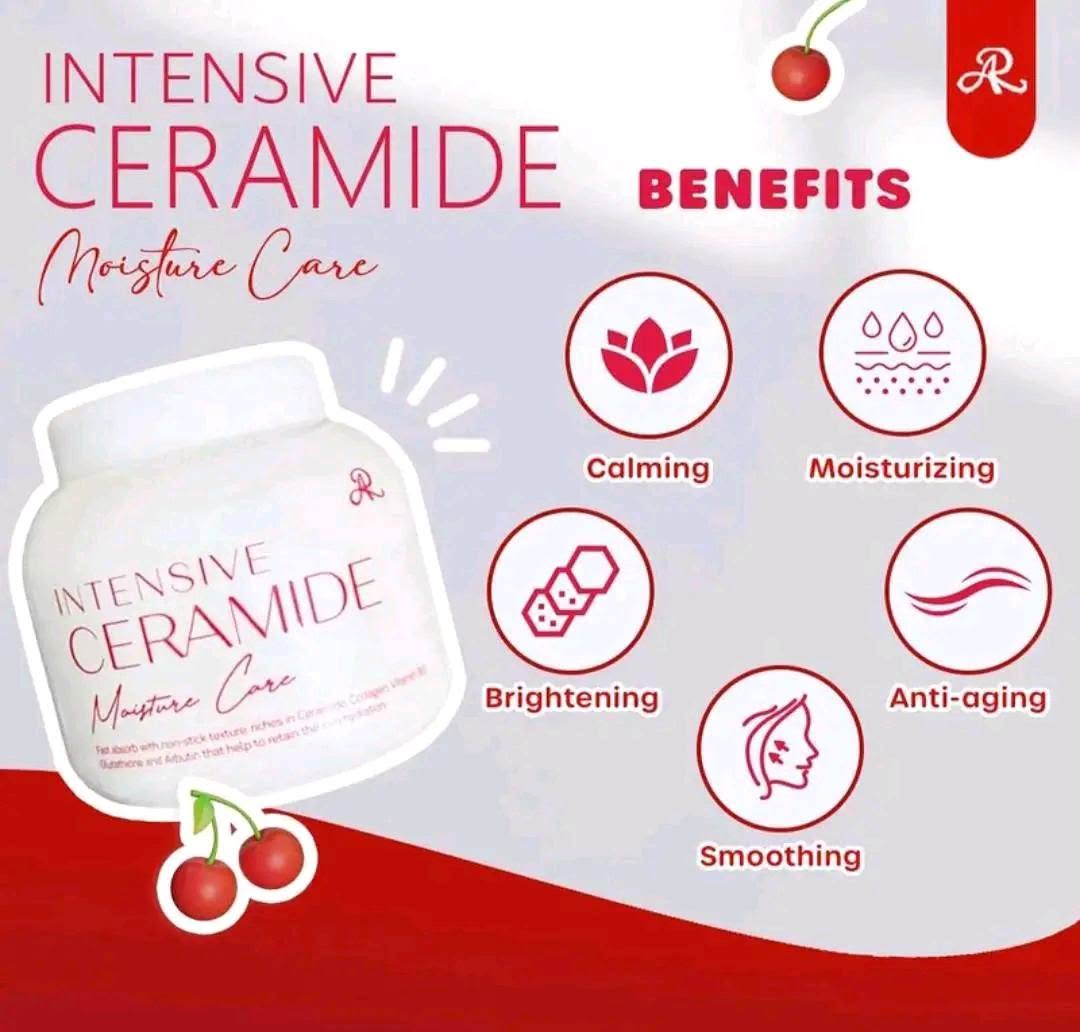Promotional graphic for Intensive Ceramide Moisture Care showing a white jar on a white and red background with icons and text listing benefits: calming, moisturizing, brightening, anti-aging, and smoothing.