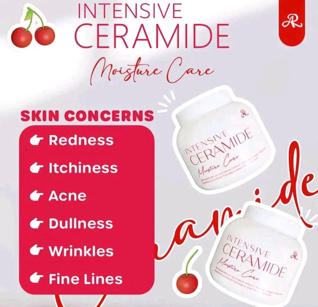 Promotional graphic for Intensive Ceramide Moisture Care showing two white cosmetic jars, a red list of skin concerns, cherries, and the brand logo on a pale background.