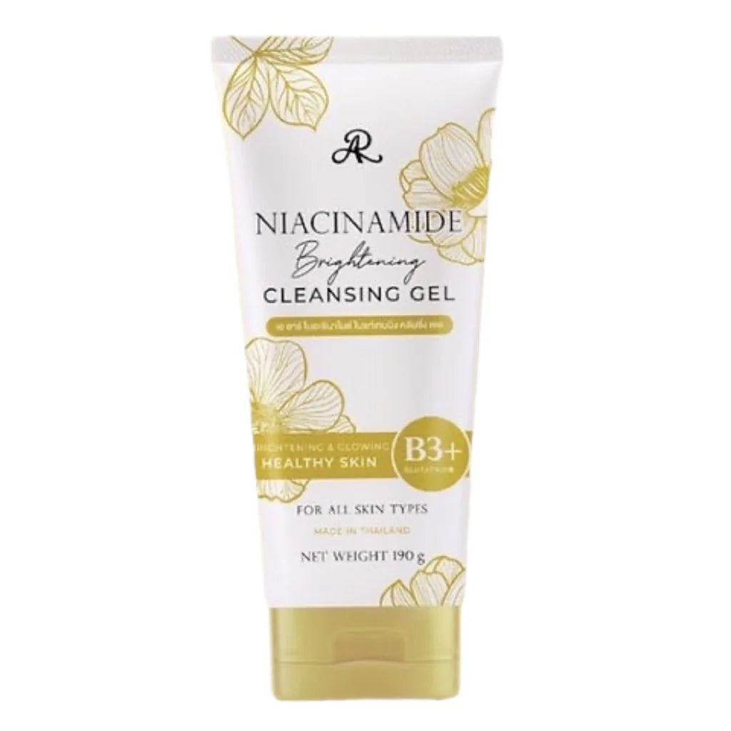 Tube of Niacinamide Brightening Cleansing Gel with gold and white design on a white background