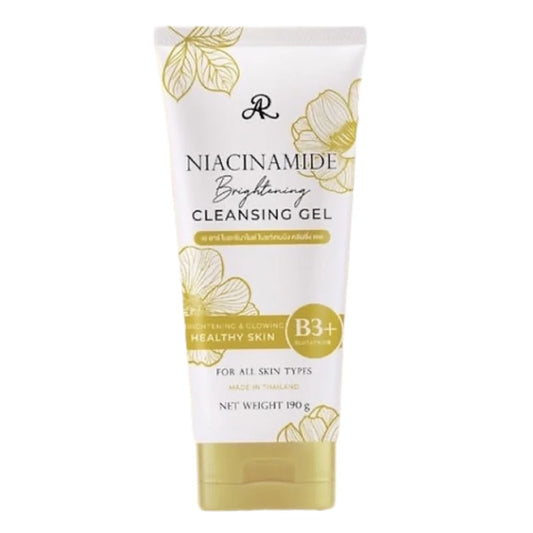 Tube of Niacinamide Brightening Cleansing Gel with gold and white design on a white background