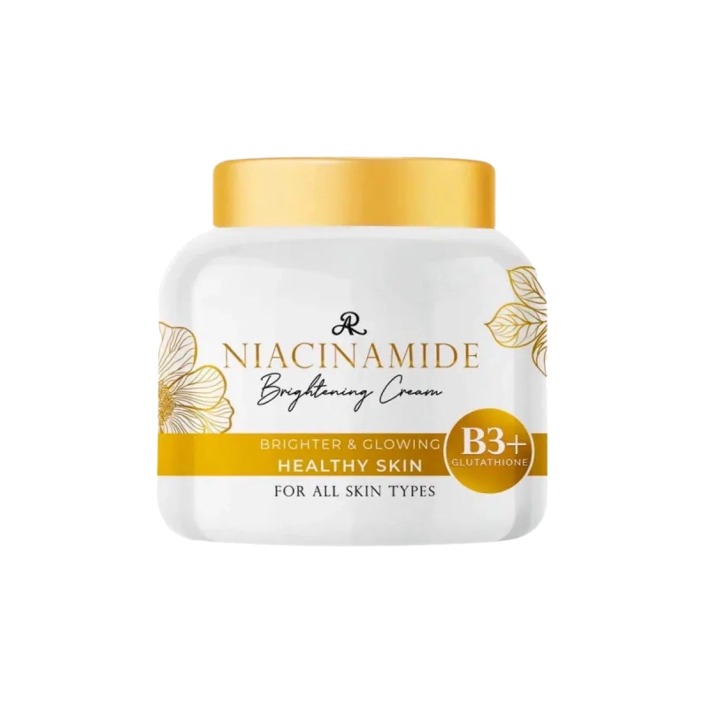 Niacinamide brightening cream jar with gold lid on a white background