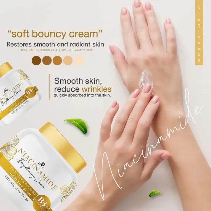 Advertisement for Niacinamide cream showing hands applying cream with product packaging in the background.