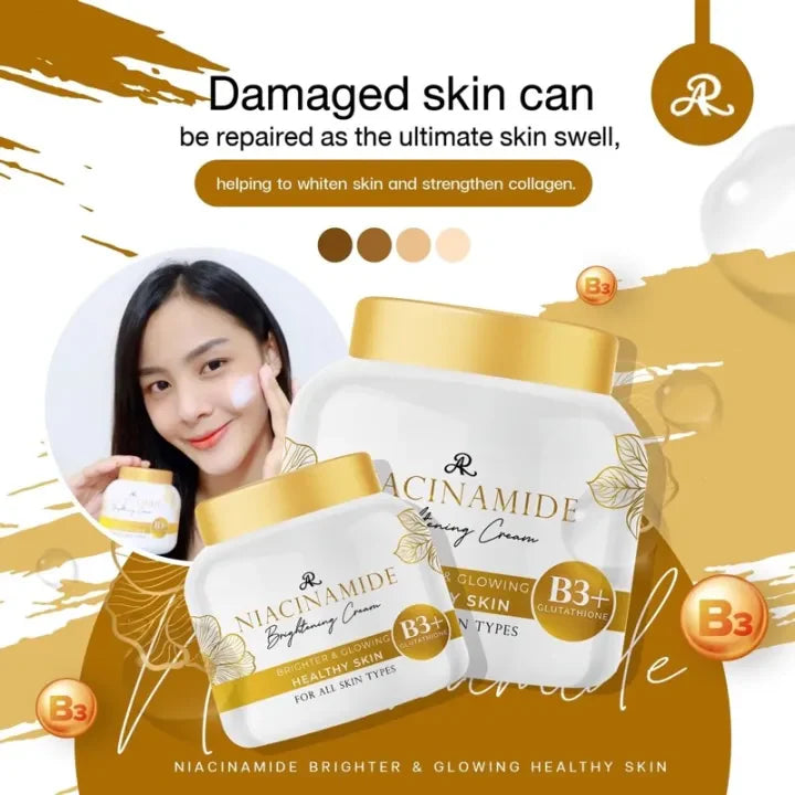 Cosmetic product packaging with a woman applying cream, featuring Niacinamide branding.