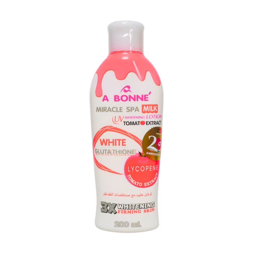 Bottle of A Bonne Miracle Spa Milk Whitening Lotion on a white background