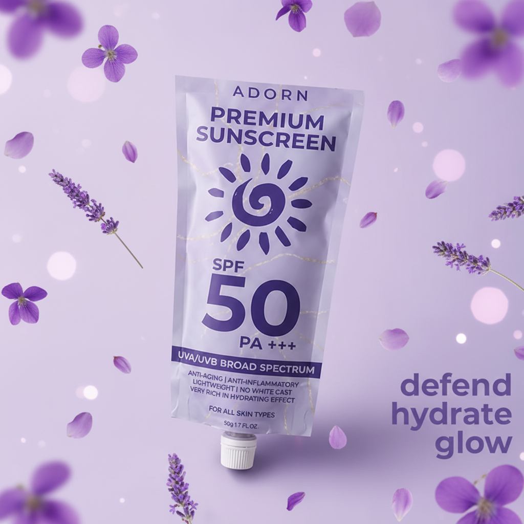 Adorn Premium Sunscreen SPF 50 PA+++ on a light purple background