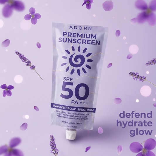 Adorn Premium Sunscreen SPF 50 PA+++ on a light purple background