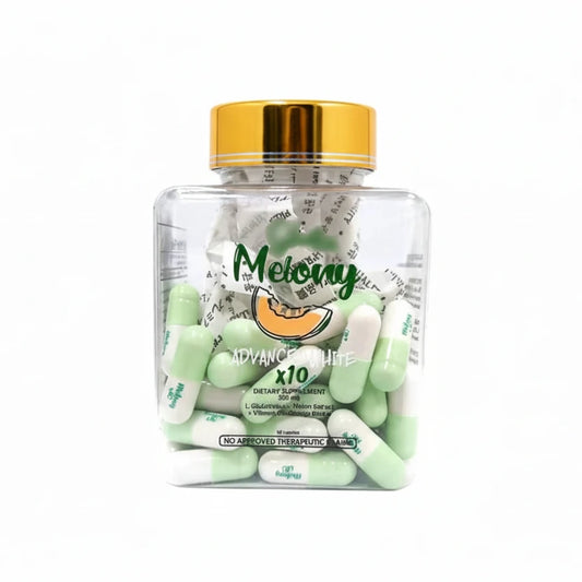 Supplement bottle labeled 'Melony' with green capsules on a white background