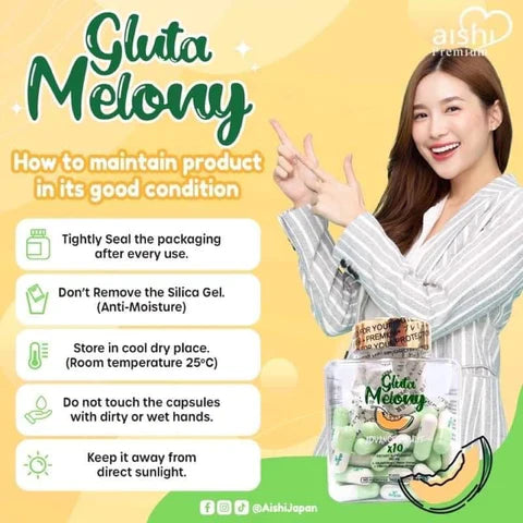 Promotional graphic for Gluta Melony with product and tips on maintaining it.