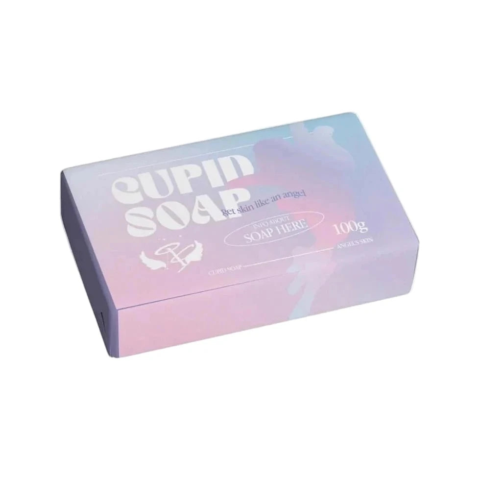 Cupid soap packaging with text on a light blue background