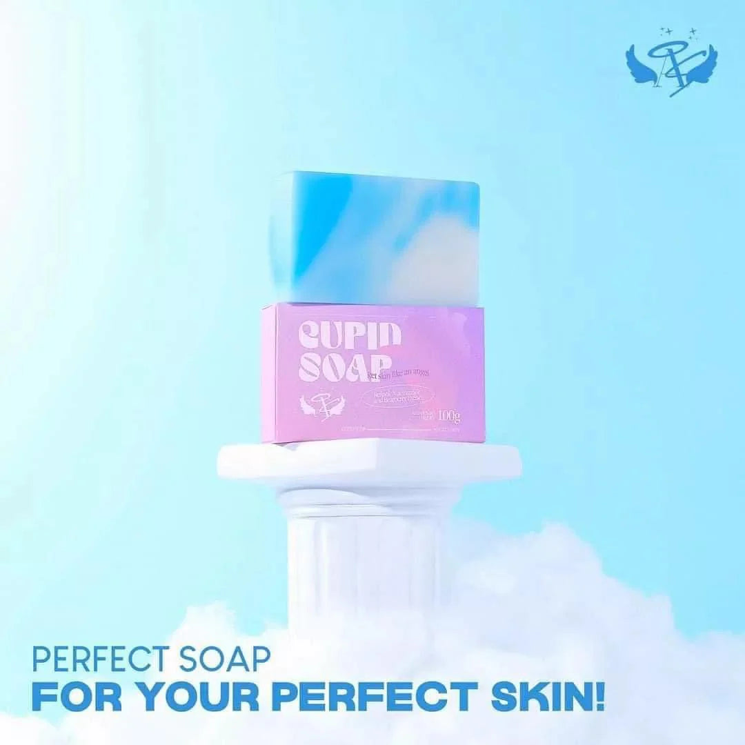 Cupid Soap bar on a white pedestal with a blue gradient background