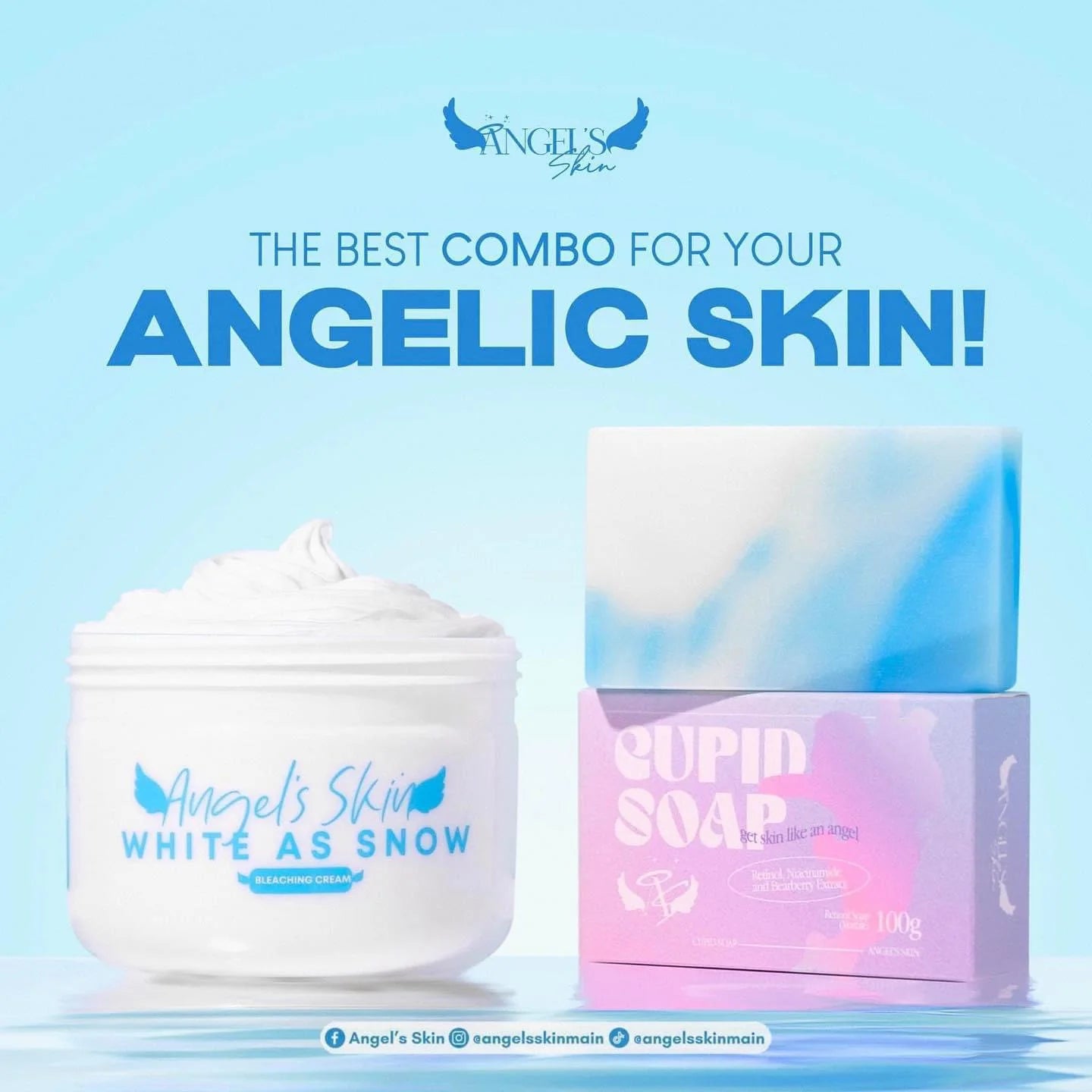 Cosmetic product and packaging with 'Angel's Skin' branding on a light blue background