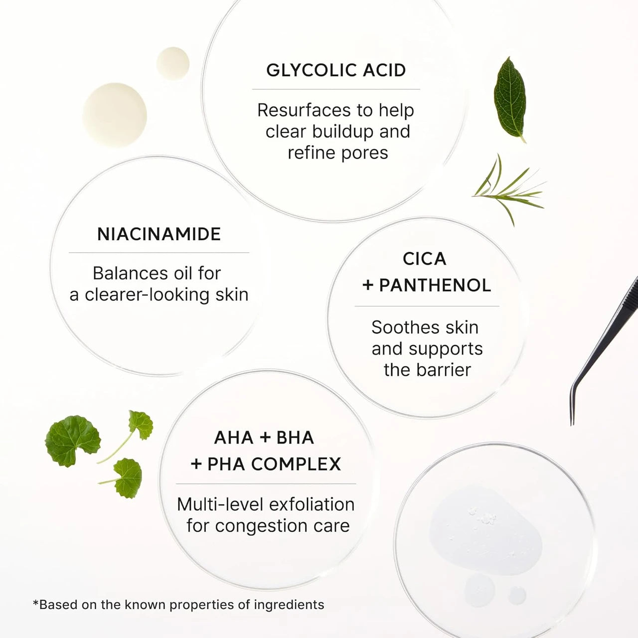 Skincare ingredient chart with glycolic acid, niacinamide, cica + panthenol, and aha + bha + pha complex.
