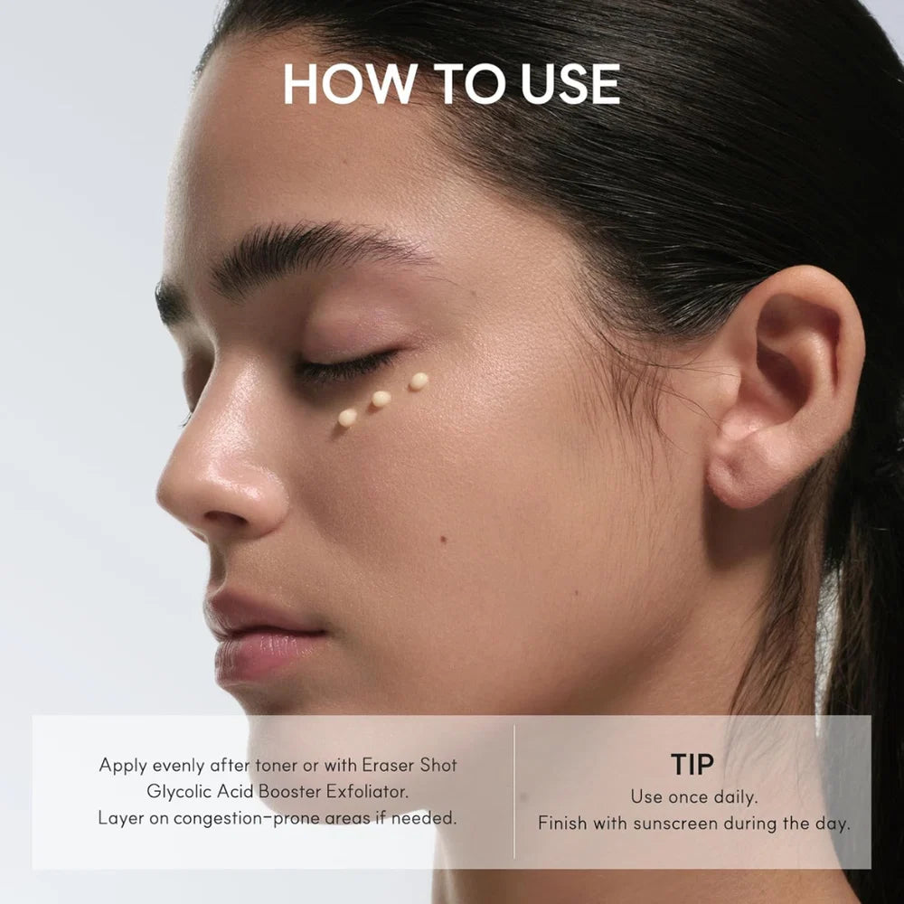 Close-up of a person's face with text on how to use a product, set against a neutral background.