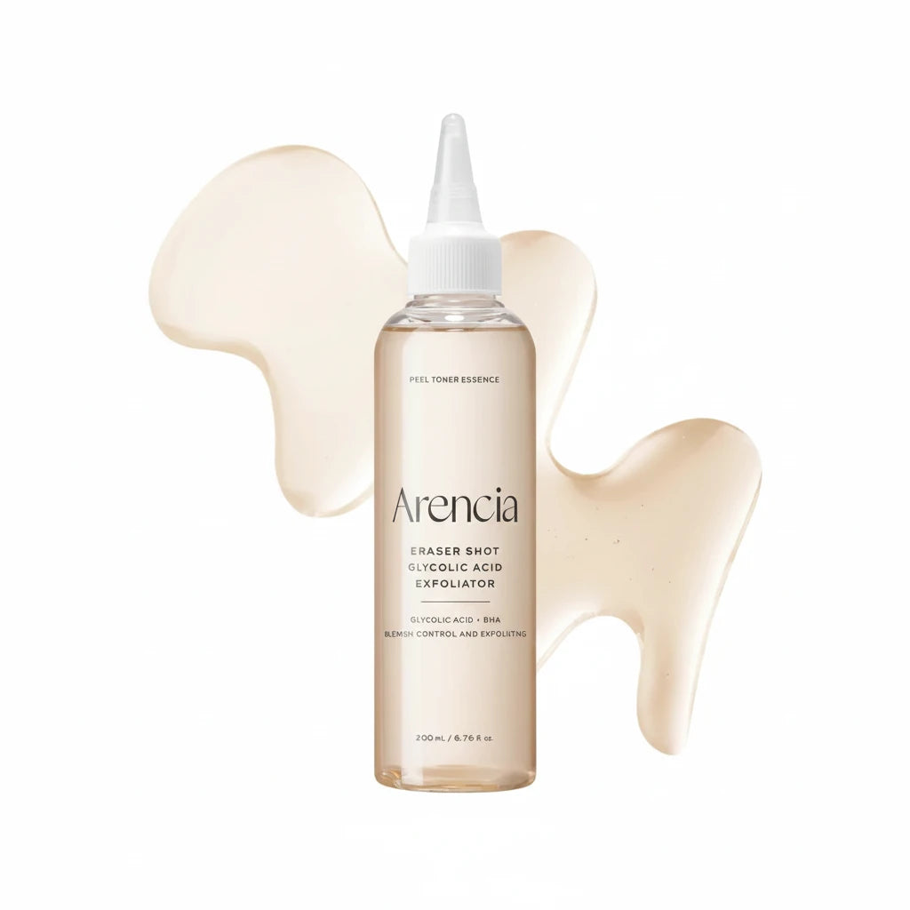 A clear plastic bottle of Arencia Eraser Shot Glycolic Acid Exfoliator with a white applicator cap, set against a white background with two beige cream swatches behind it.