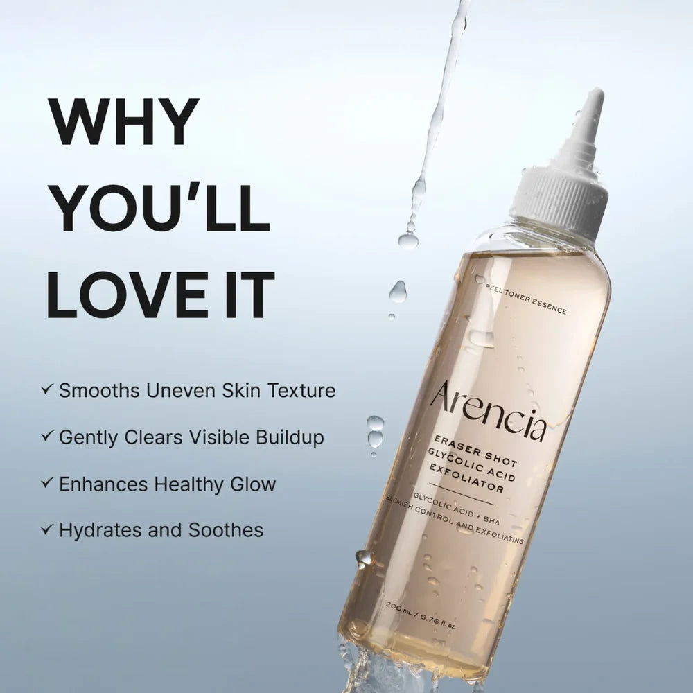 Bottle of Arencia toner with text highlighting its benefits on a light gray background