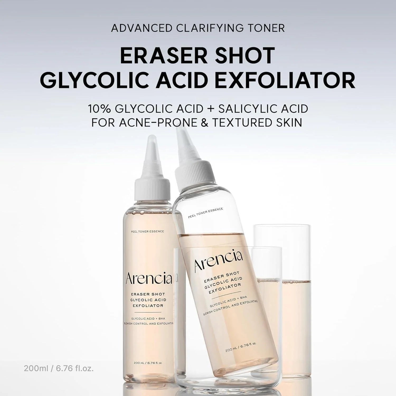 Two clear bottles of Arencia Eraser Shot Glycolic Acid Exfoliator with white dropper-style caps, shown with a glass on a light gray background with product text above.
