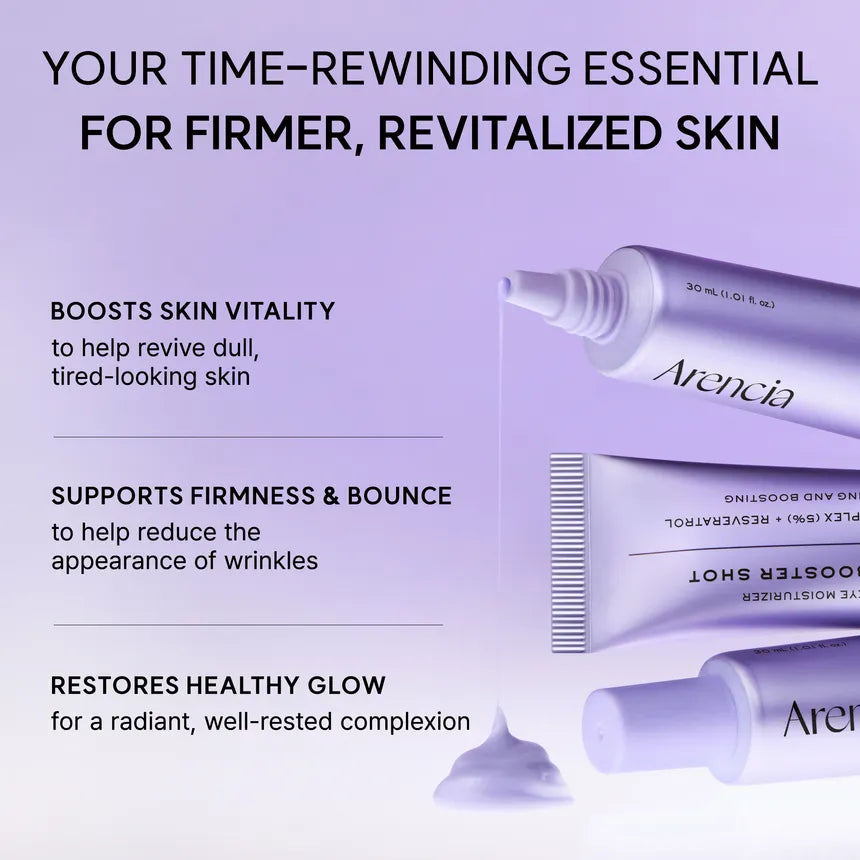 Cosmetic product packaging with text on a purple background