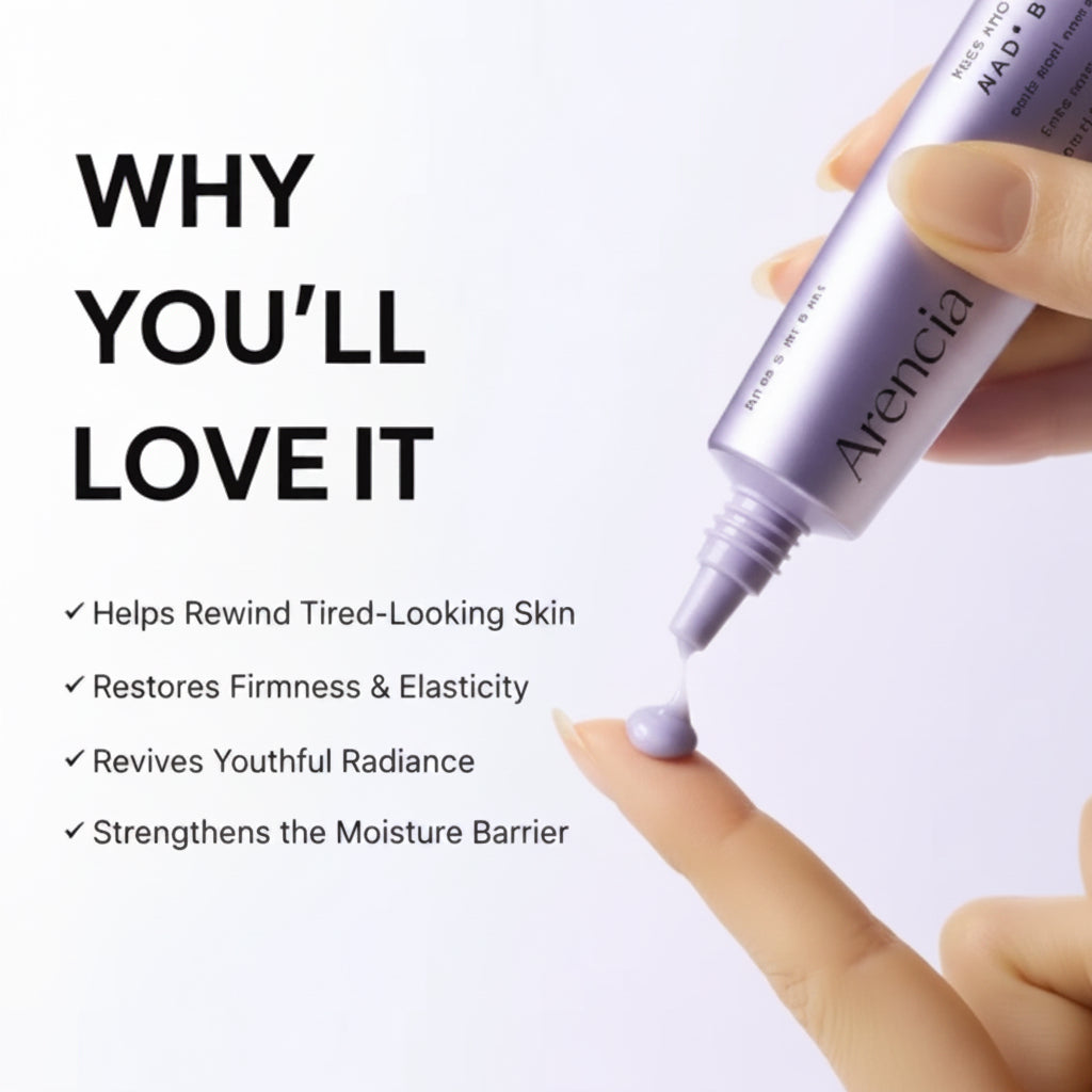 Nancia skincare product being applied with text highlighting benefits on a white background