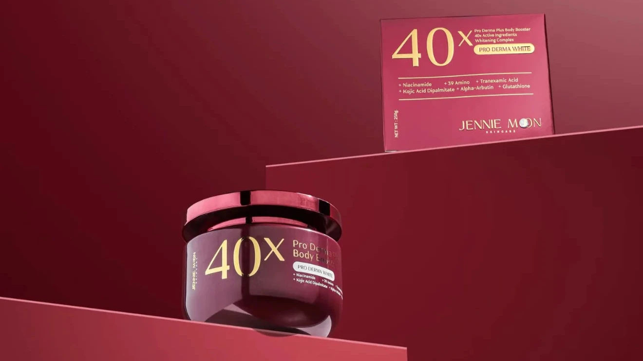 Jennie Moon skincare product packaging on a red background