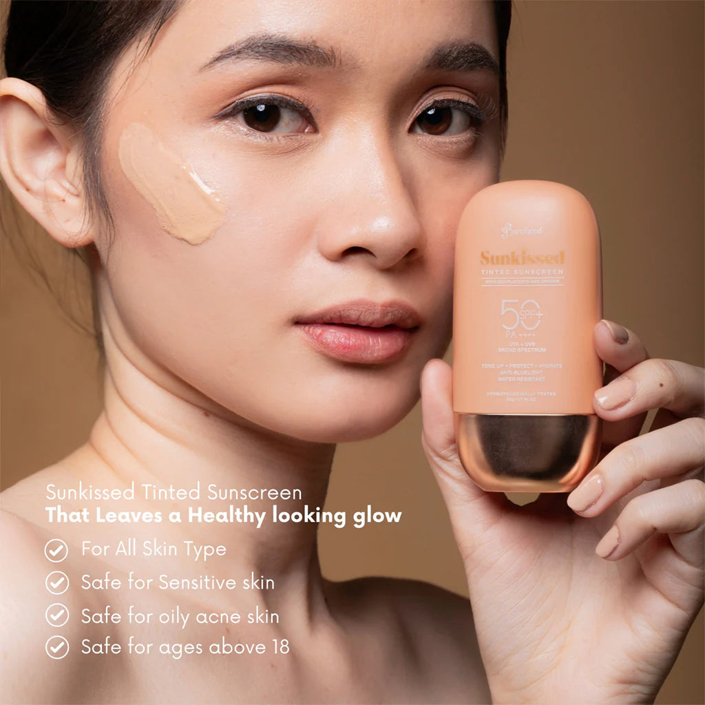 Woman holding a bottle of Sunkissed Tinted Sunscreen with product details on a beige background