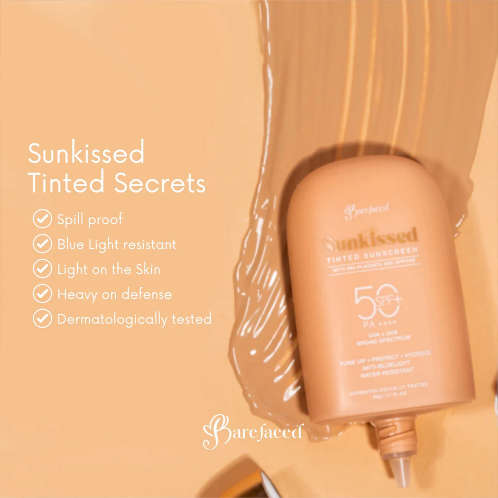Bottle of Sunkissed Tinted Secrets sunscreen with product features listed on a beige background.