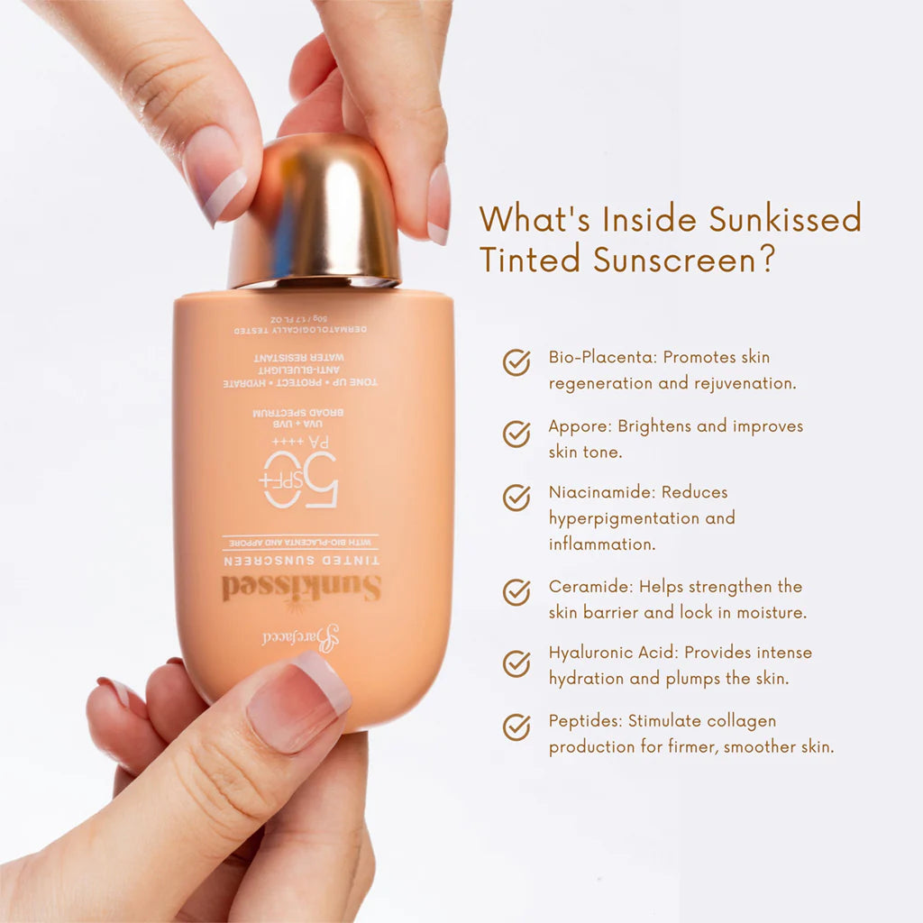 Sunkissed sunscreen bottle held by hands with product details on a light background