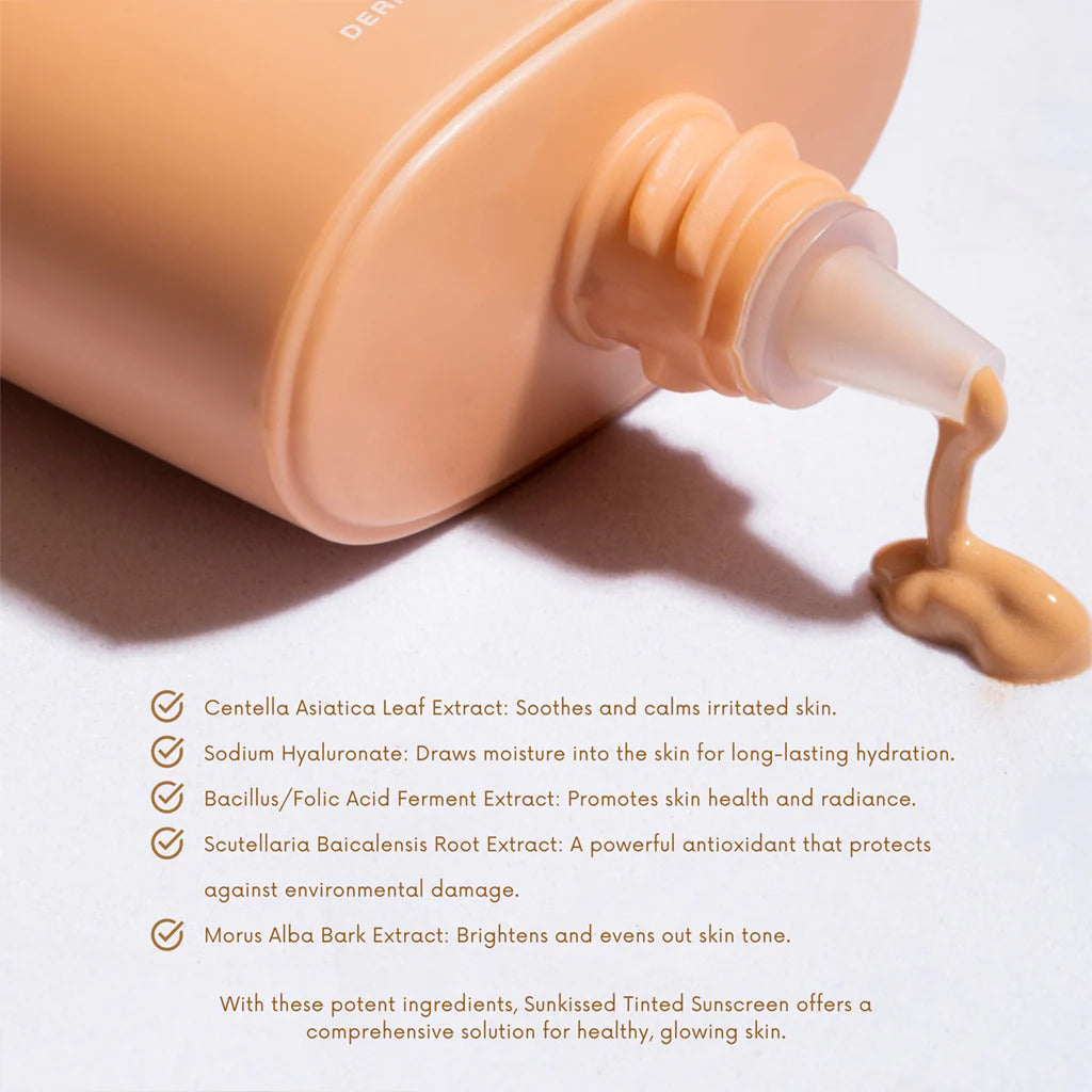 Sunkissed Tinted Sunscreen bottle with product details on a white background