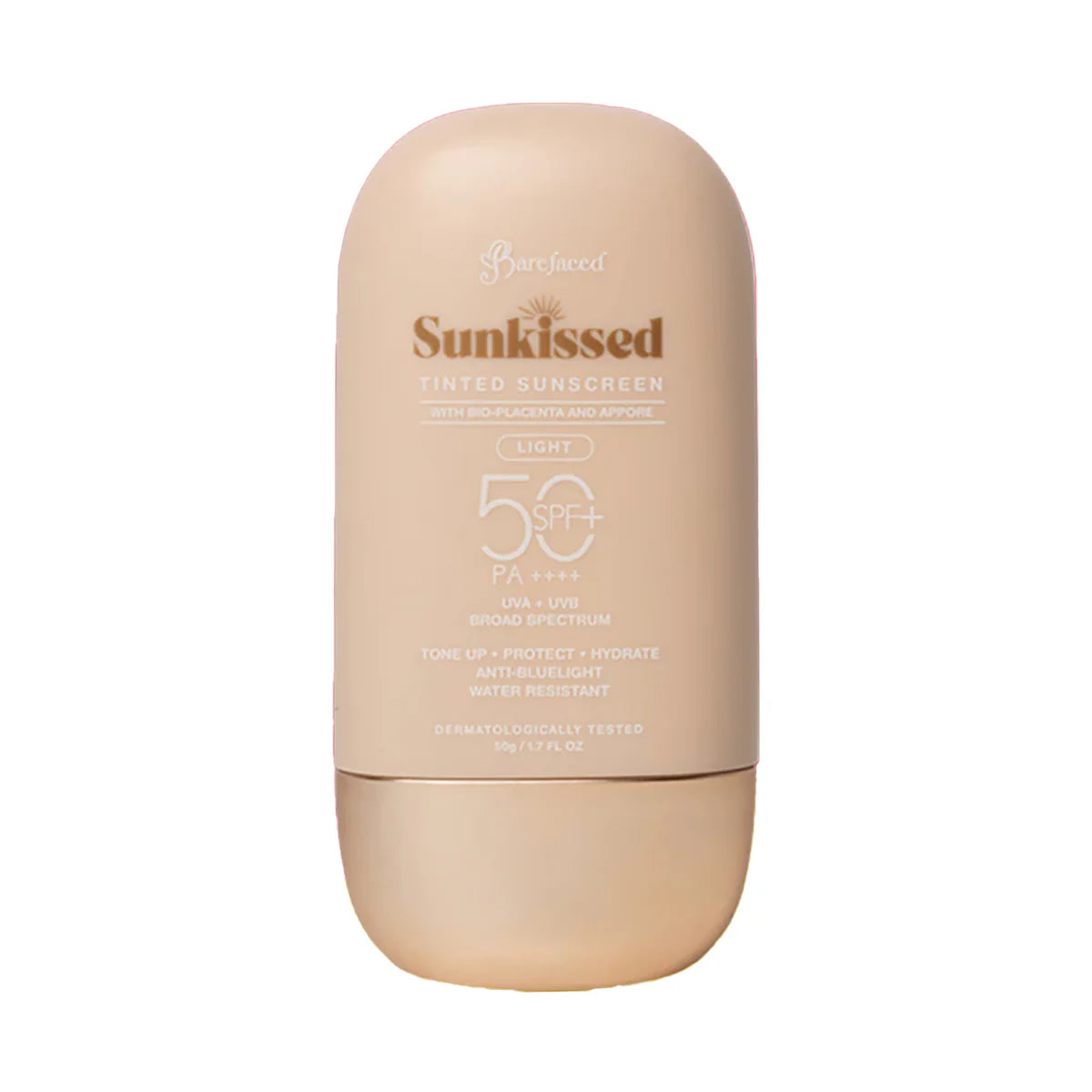 A bottle of Barefaced Sunkissed Light Tinted Sunscreen in a beige hue with SPF 50 PA++++ indicated on the label.