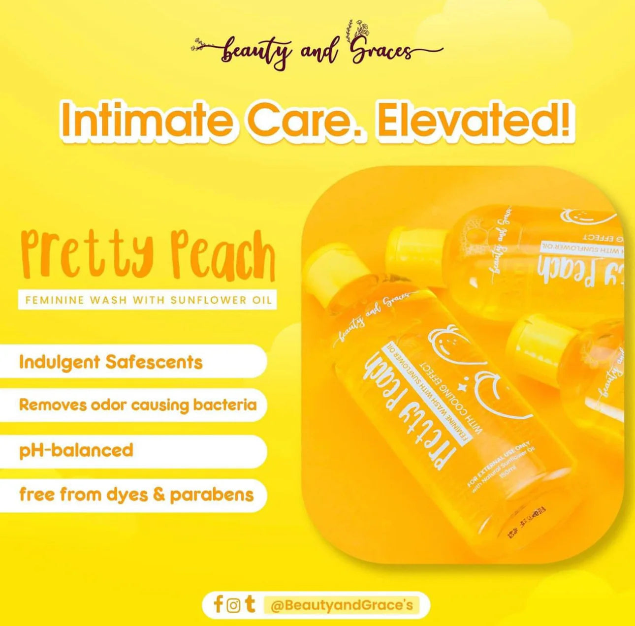 Product packaging of 'Pretty Peach' feminine wash with sunflower oil on a yellow background, featuring branding and product features.