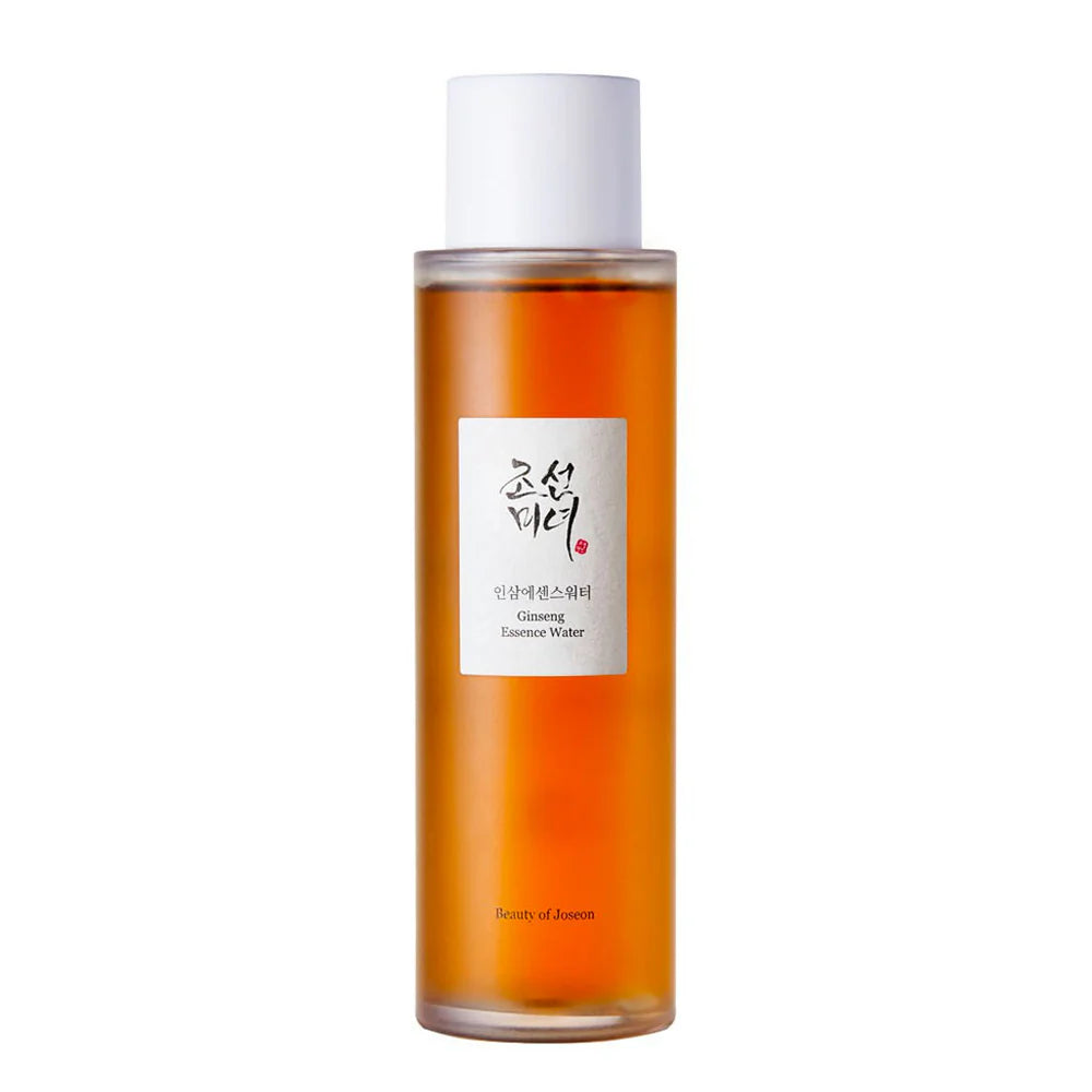 A bottle of Joseon Ginseng Essence Water with a white label on it, containing a clear amber liquid.